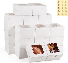 50 Pack Cookie Boxes with Window, 4x4x2.5 Inch White Bakery Box, Kraft Paper Tre