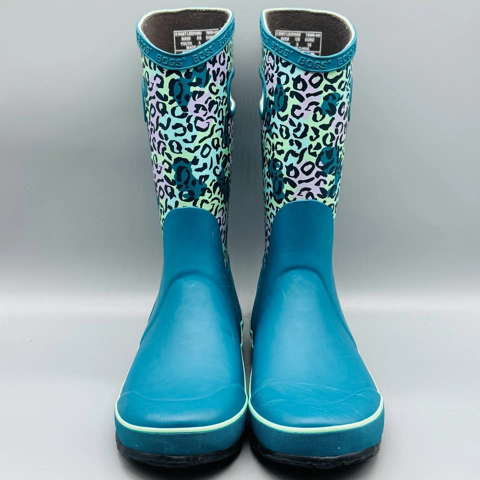 Bogs Boots Youth Girls 3 Blue Leopard Print Waterproof Rain Mid Calf Handles - Image 3 of 4