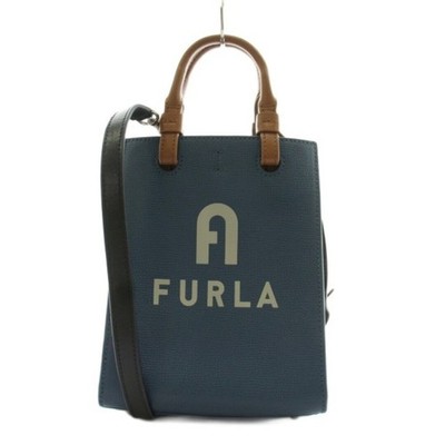 Furla Varsity Style Shoulder Bag Handbag 2way Logo Leather Blue AN2 Used 475e0e5
