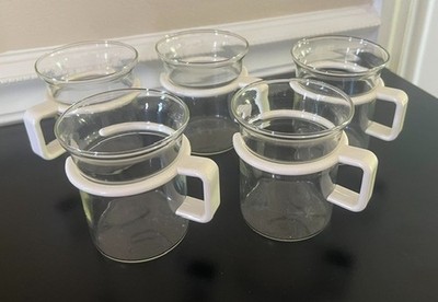 Vintage Set of 5 Iconic Bodum Bistro Tea Coffee Glasses 80s Holder white plastic