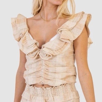 Koch Mariah Top Sea Salt Shimmer Metallic Deep Scoop Neck Ruffle Sz M USA Made 