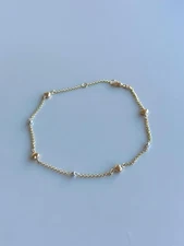 14k Solid Gold Heart Anklet 2mm Rolo, Adjustable 10 to 11 in w/ Gold Beads
