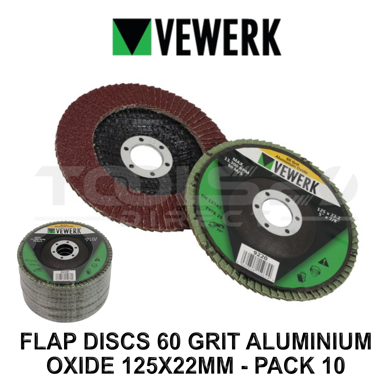 VEWERK 10pc Type 29 Flap Discs 60 Grit Aluminium Oxide 125mm x 22.2mm 9220