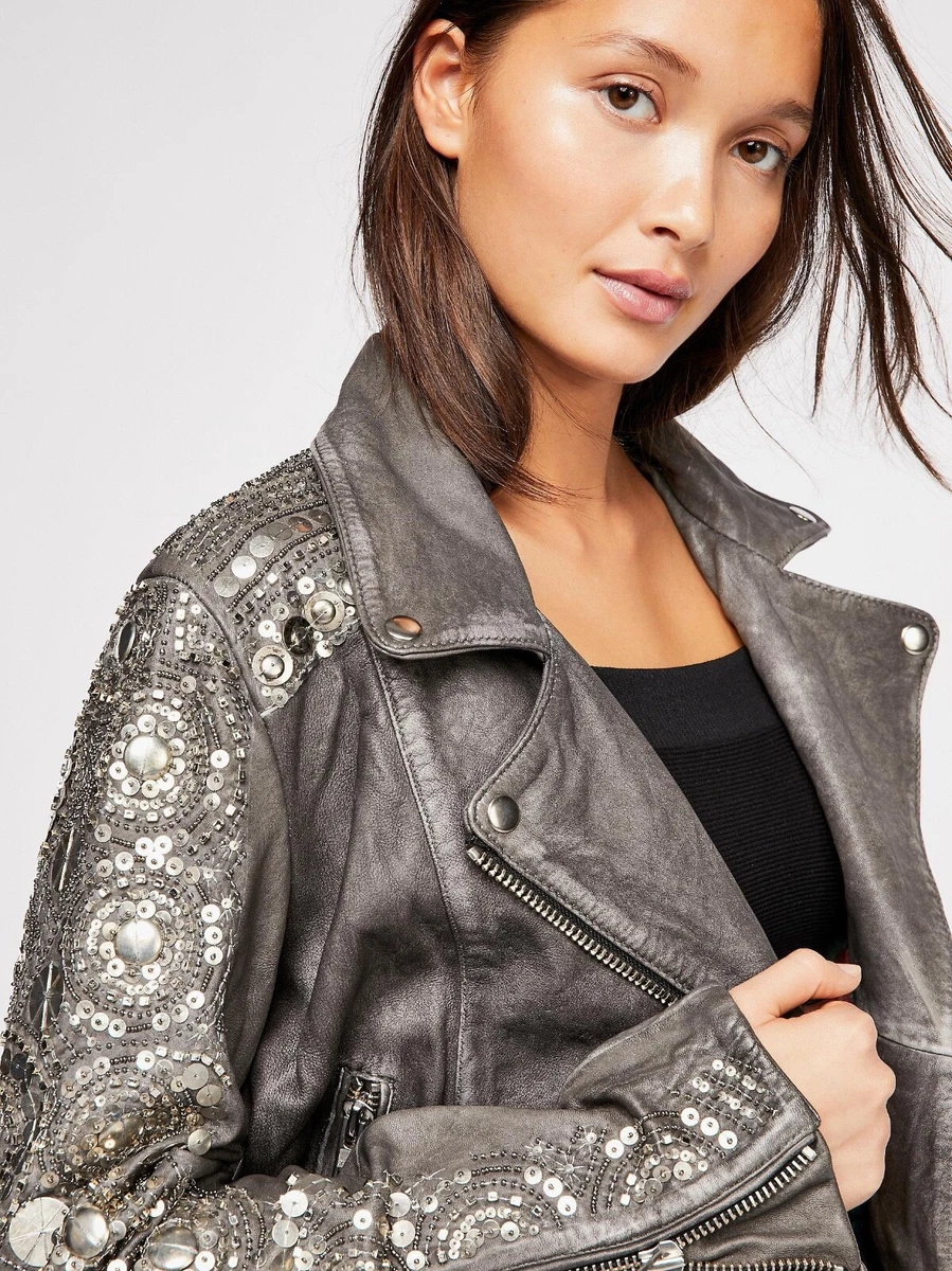 Free People Circle Embellished Moto Jacket Gray Leather Womens