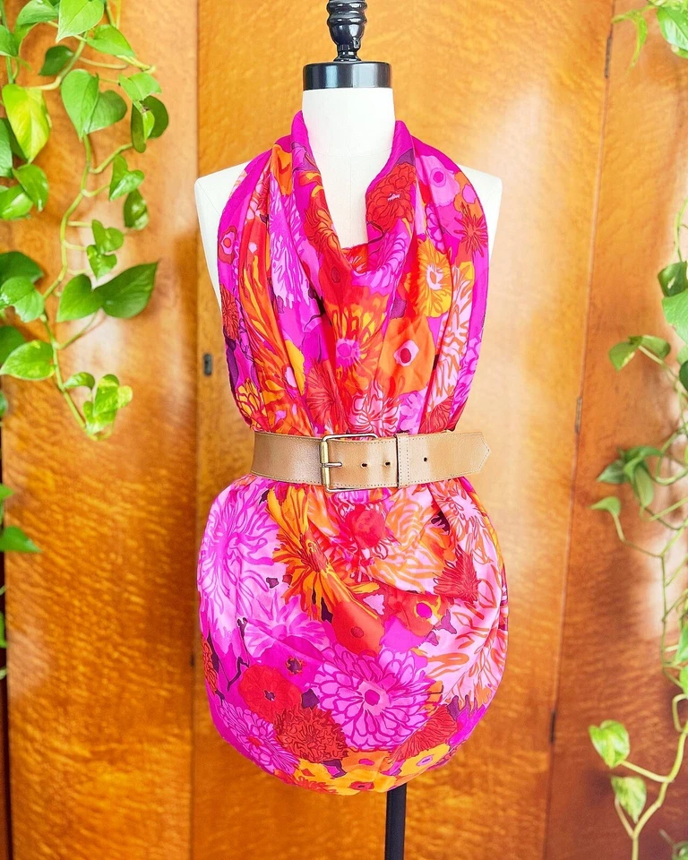 SIGNED KEN SCOTT 1960’s 60s Floral I. Magnin Vintage Pink Hand Rolled Silk Scarf - Image 2 of 4