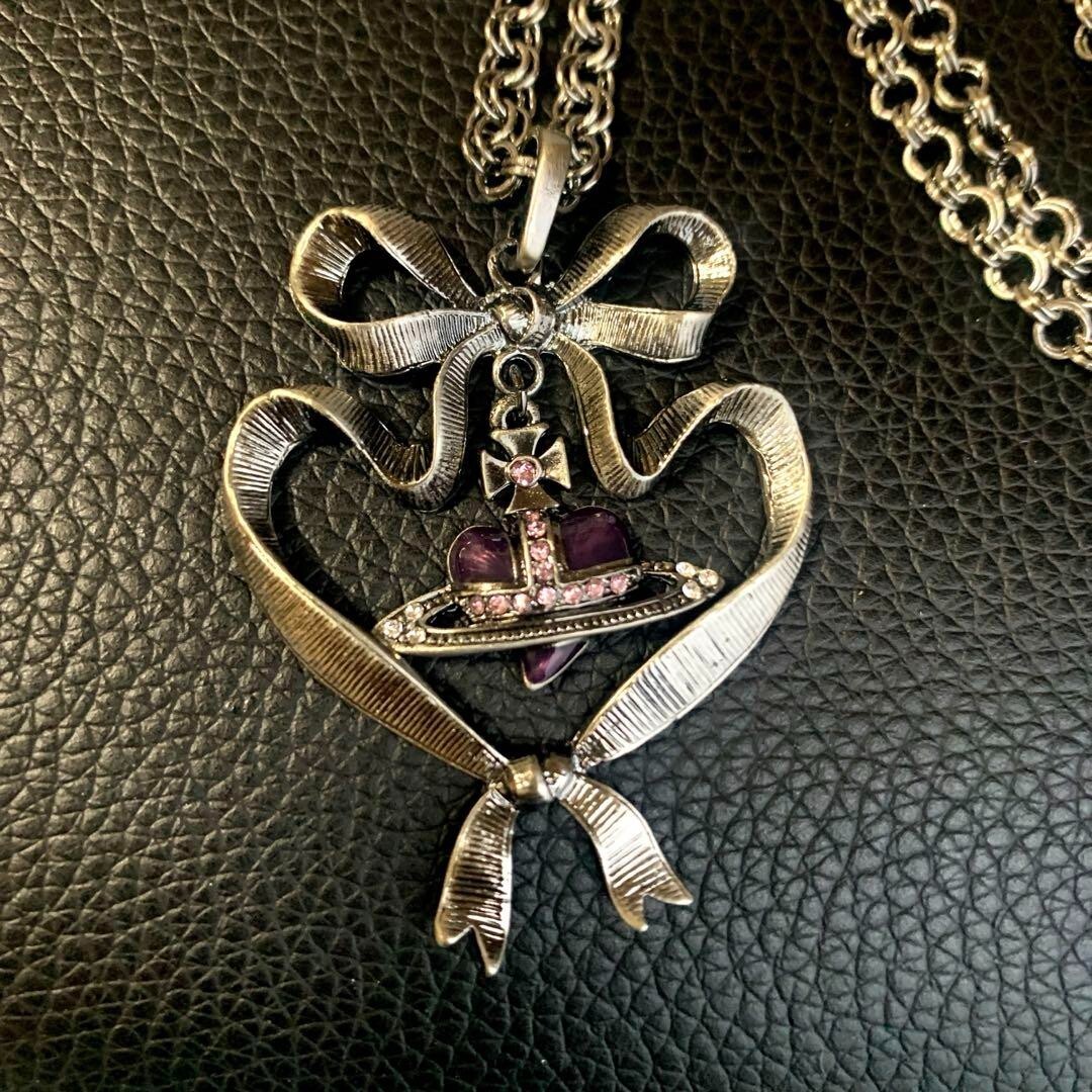 Vivienne Westwood Ribbon Heart Orb Necklace Gunmetal Black