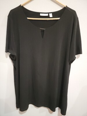 Susan Graver Liquid Knit Solid Black Keyhole Neck short Sleeve Plus Top Sz 2X 
