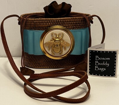 Bosom Buddy Handwoven Ata Grass Gold Bee Blue Ribbon Handbag