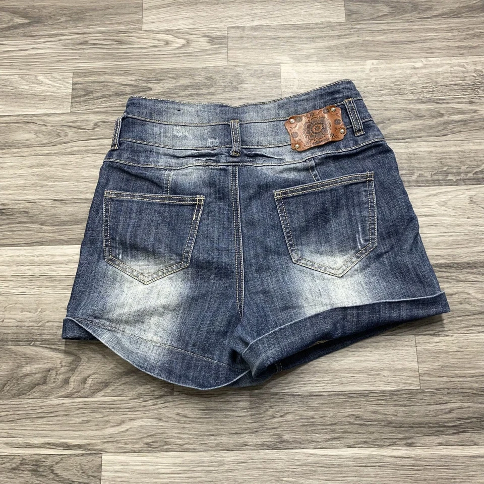 Pantalones cortos de mezclilla para mujer DOLLHOUSE tiro alto botón mosca azul lavado oscuro talla 7 Foto 3 de 4