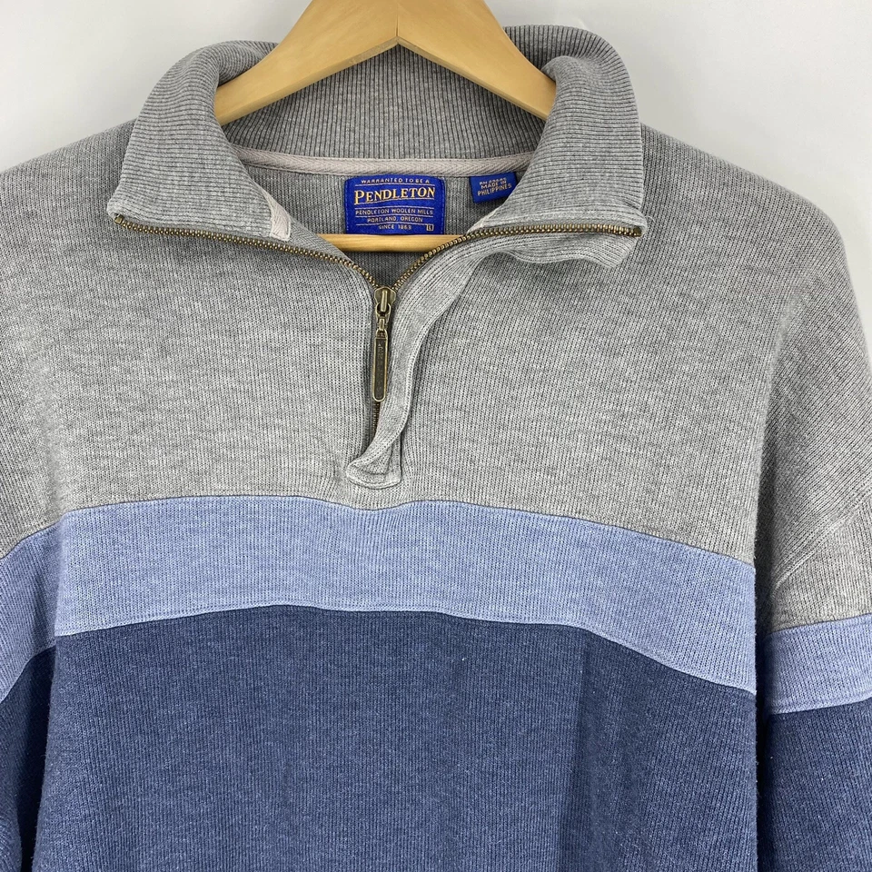 Pendleton Sweater Size Large Mens Gray Blue Half Zip Mock Neck Pullover Cotton - Image 2 of 4
