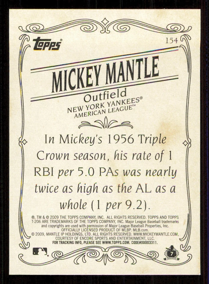 2009 Topps 206 #154a Mickey Mantle - Image 2 of 2