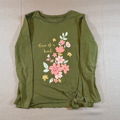 Carters Kid Girls Olive Green Floral One of a Kind Side Tie Long Sleeve Shirt 7