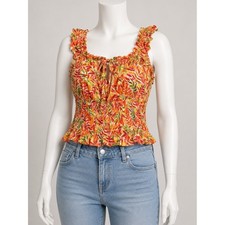 BCX Orange Floral Ruffled Smocked Camisole with Green Accents Size L