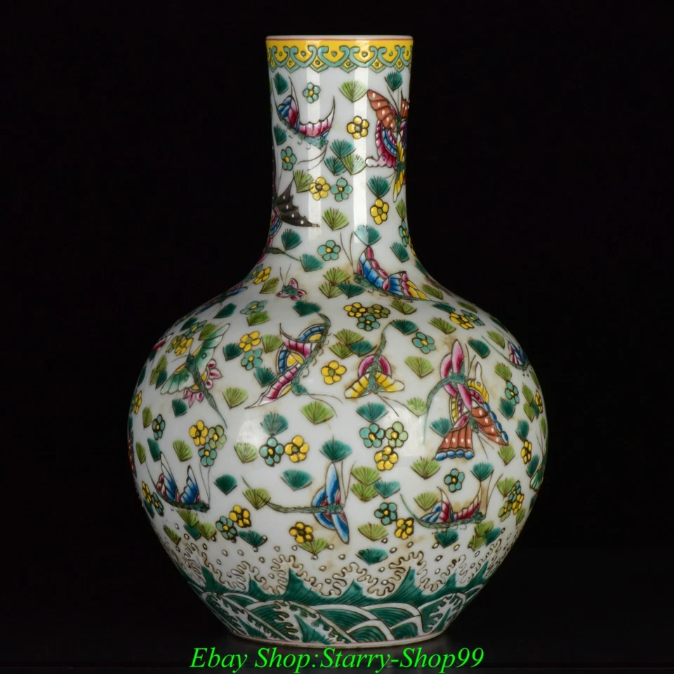 Jarrón botella 13"" marca Qianlong Famille rosa porcelana flor mariposa patrón Foto 2 de 4