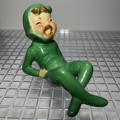 Green Pixie Elf Small Laughing Lounging Ceramic Figurine Japan MCM 1950s