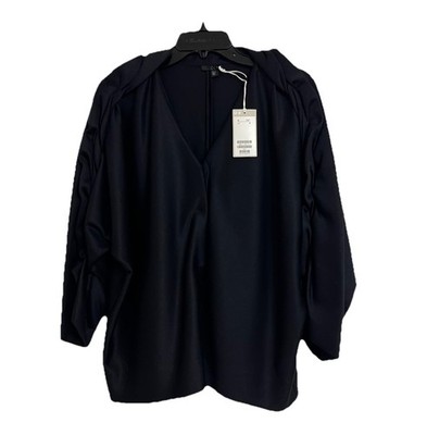 $125 NWT COS Blouse Women M Black Nylon Button Up Twisted Ruched Shoulder Top
