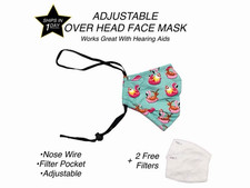 Adjustable Over Head Face Mask, Nose Wire, Filter Pocket, Flamingo Print