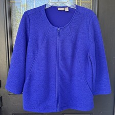 Chicos TEXTURED Jacket Full Zip Sz M Blue Knit Blazer Comfy Travel lightweight
