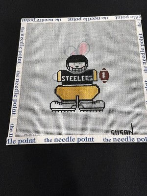 Hand Painted Needlepoint Canvas by CBK - Rabbit In Pittsburgh Steelers 18 Mesh