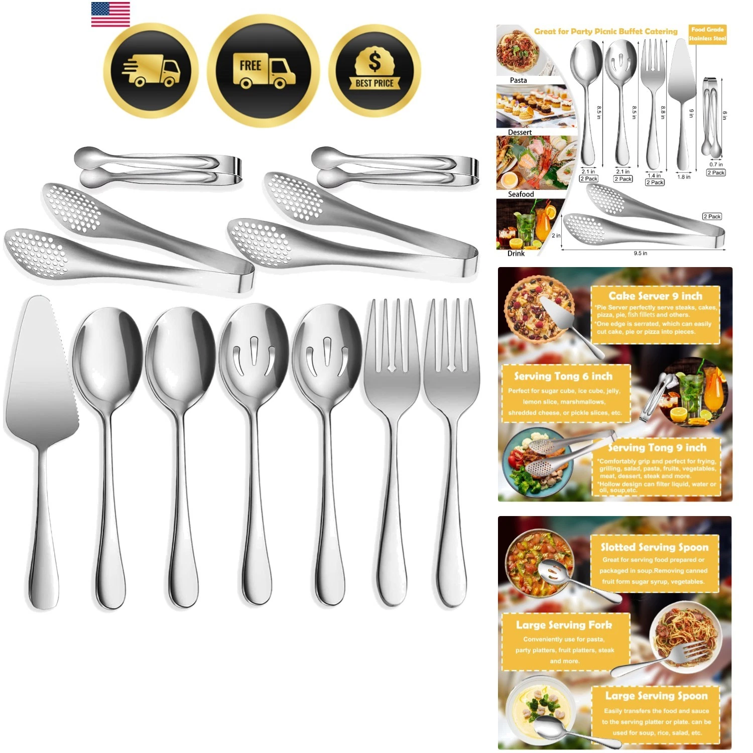 11 PCS Serving Utensils, Large Stainless Steel Spoons Forks Tongs, Pie Server...