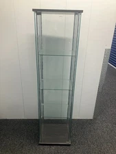 4 Shelf Glass Display Case Cabinet, Grey Wood Texture, Good Condition