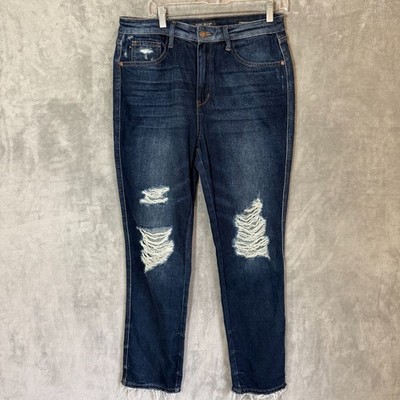 Judy Blue Jeans 11/30 High Rise Straight Leg Dark Wash Distressed Raw Hem Stretc