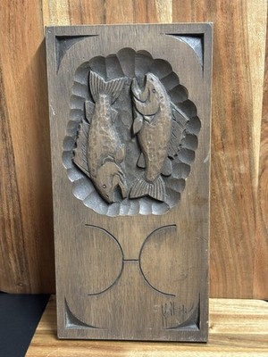 Hand Carved Wooden Plaque/Cookie Mold Fish. Signed 12x6 