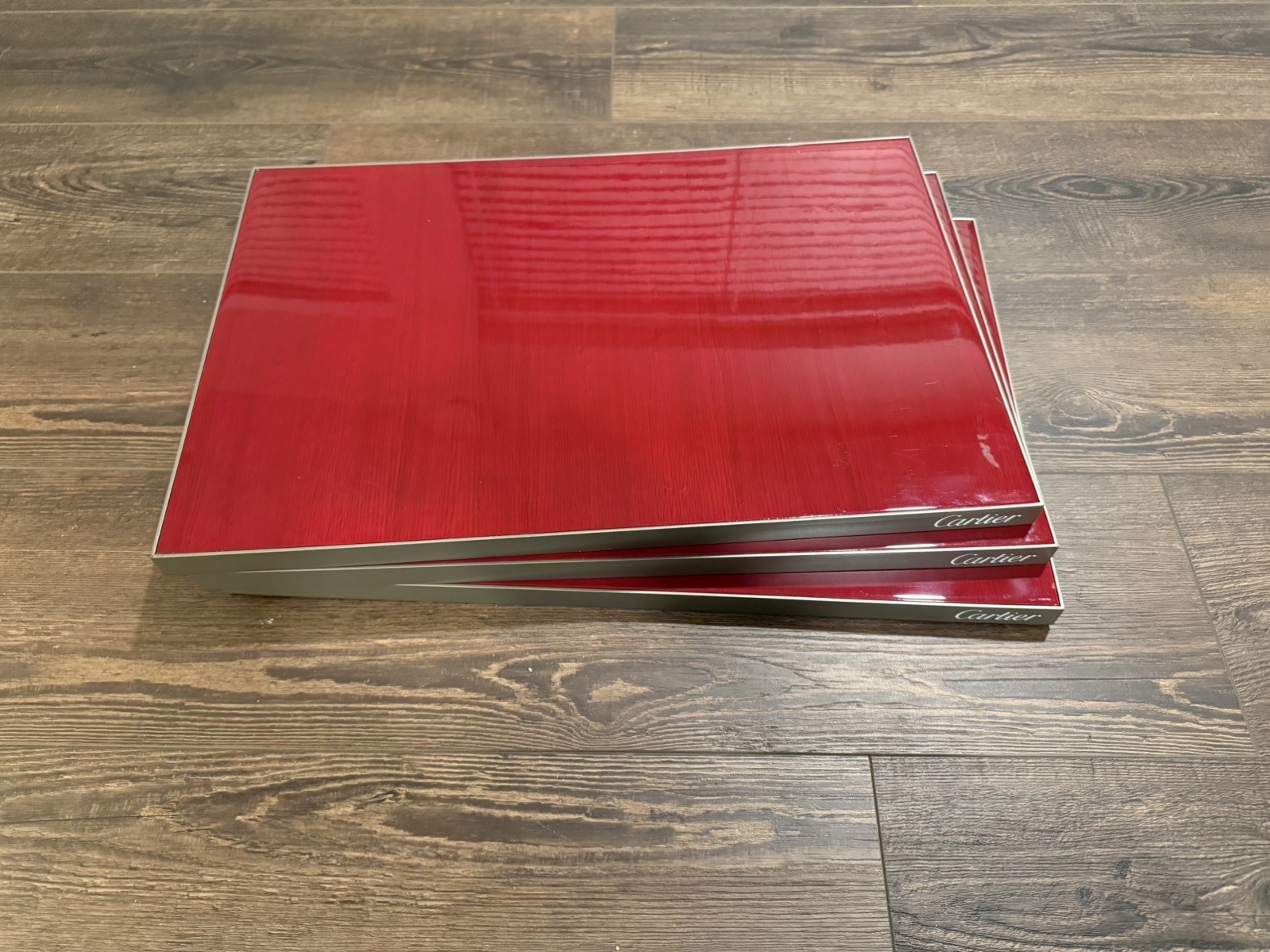 Lot of 3 Cartier Display Trays Presenters red lacquer wood finish 15inx23in