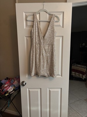 slim fit dress slacks Mac Duggal Sequined Plunge Neck Structured Bishop Sleeve Gown Nude Silver Size US 14