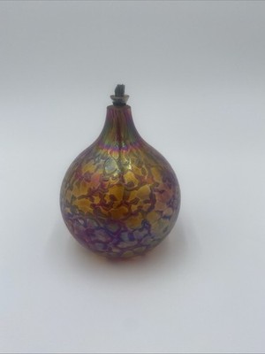 Vintage Signed Roger Vines Studio Glass Oil Lamp Iridescent Yellow Green Purple 