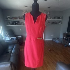Claiborne Red Solid Sheath Dress V-Neck Sleeveless Belted Lined Knee 6