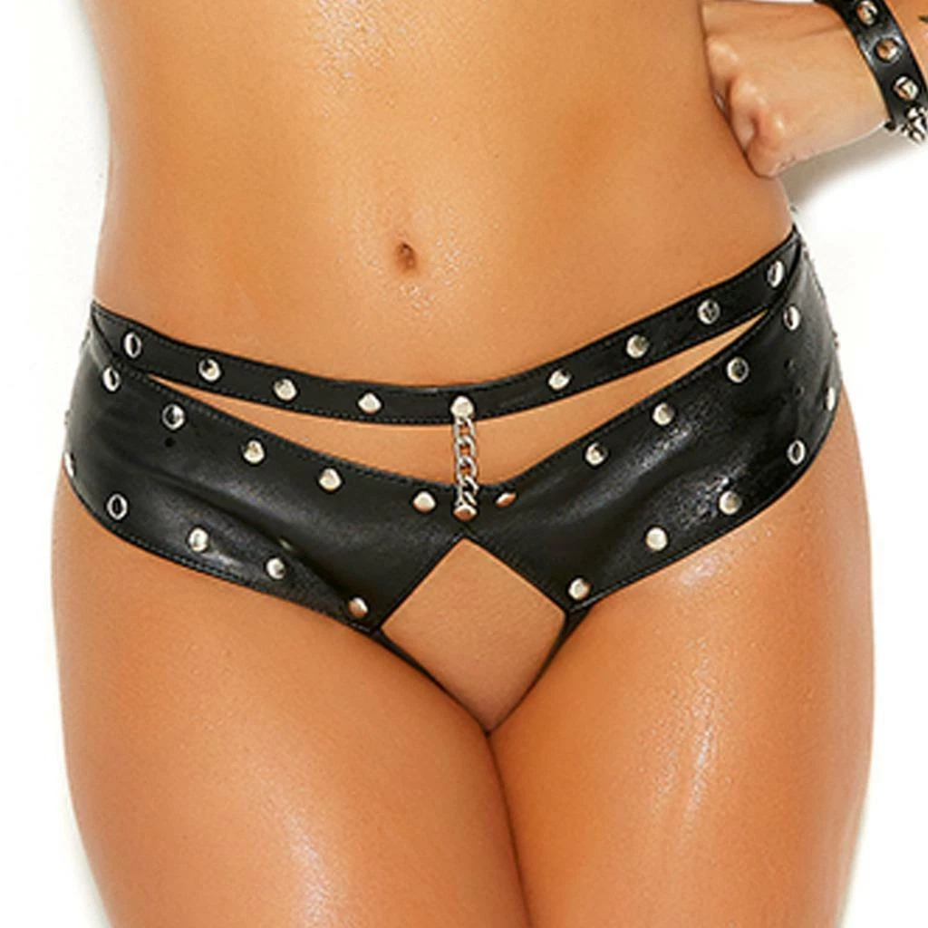 Studded Leather Panty Crotchless Cut Out Chain Stretch Back Underwear L9845