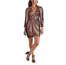 Guess Womens 0 Bronze Metallic Bodycon V Neck Long Sleeves Mini Dress NWT BY47