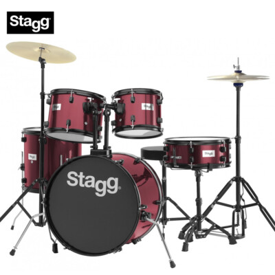 Stagg TIM120B Deluxe 5 Piece Complete Drum Set WINE RED + Cymbals Stands Sticks