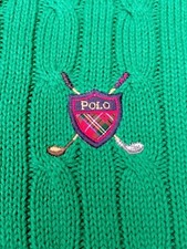 Vtg Polo Ralph Lauren Sweater Golf Crest GREEN Cable Knit Cotton Mens Sz XL