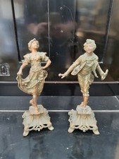 Coppia statuette in metallo dorato scena galante,dama e cavaliere