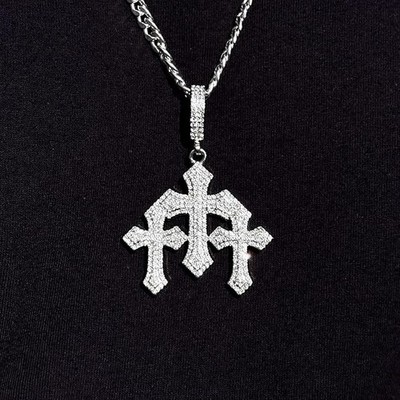 2CT Round Cut Lab Created Diamond Triple Cross Pendant 14k White Gold Plated