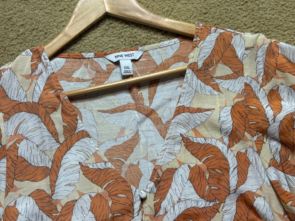 Blusa Top Nine West Manga Volantes Naranja Tropical Hoja Botón Frontal Relajada 2XL Foto 4 de 4