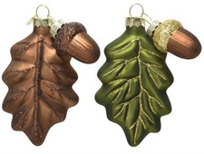 Acorn Leaf Ornaments - Blown Glass Christmas Oak Tree Leaves Ornaments, Set of 2