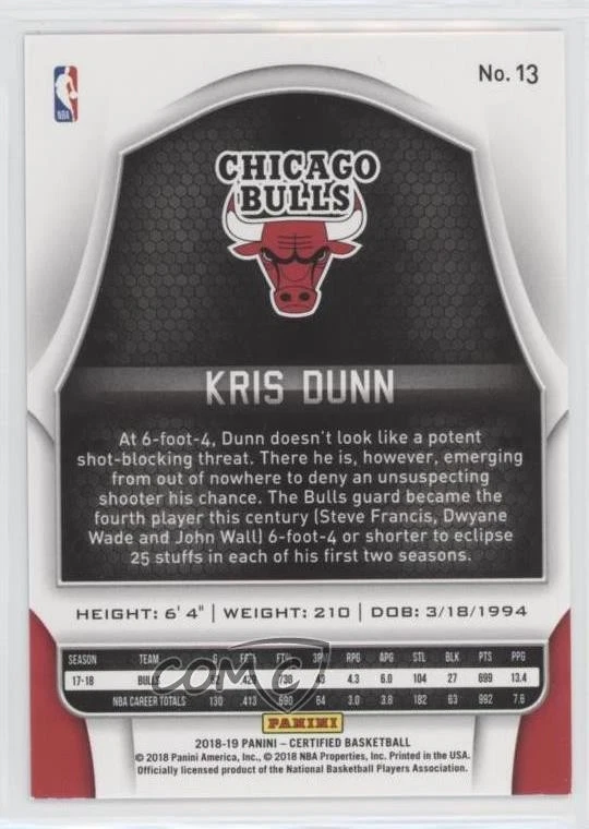 2018-19 Certified Mirror Blue /199 Kris Dunn #13 - Image 2 of 2