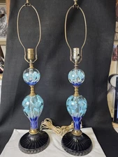 Vtg Matched Pair St. Clair Blue Art Glass Paperweight Lamps