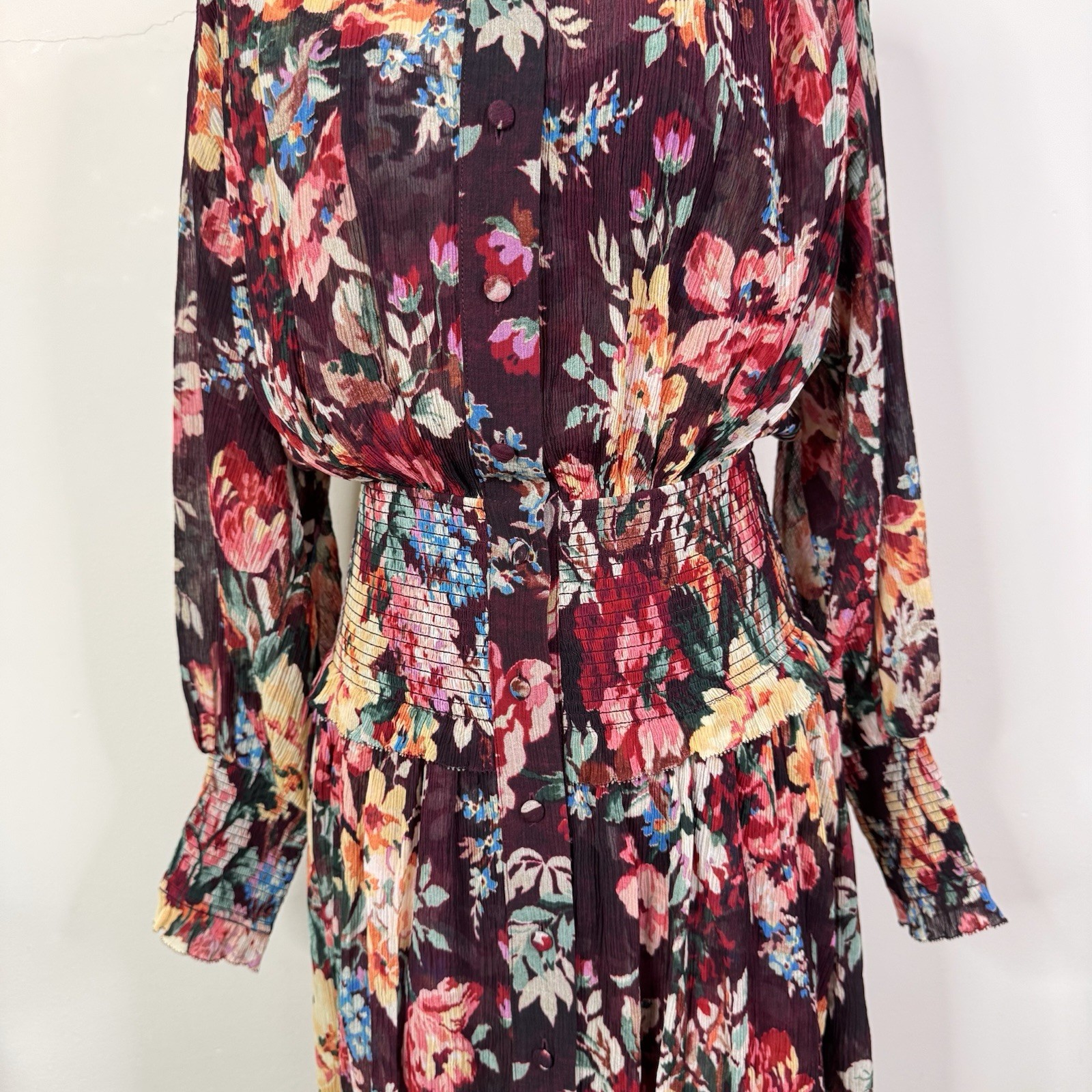 ZIMMERMANN Allia Shirred Long Dress Burgundy Floral Cotton Silk Size 4 / 8 UK 