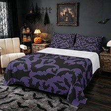Castle Fairy Halloween Themed Bed Sheet Set Twin Sizeblack Bats Animal Print
