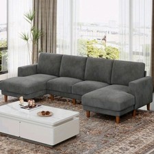 106 U-Shaped Sectional Sofa Double Chaise 4 Seater Corduroy Fabric Couch Grey