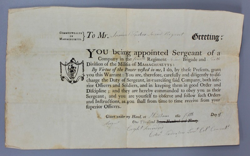 Original 1800 Massachusetts Militia Sergeant Appointment Samuel Tarbox PLUS