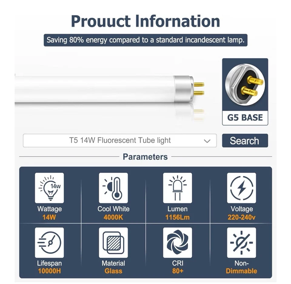 T5 14W Fluorescent Tube Lamps 549mm, CFL Bulbs Cool White 4000K, G5 2 Pin Base - Image 2 of 4