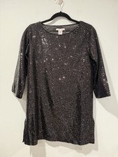 NEW Joan Vass Tunic Top/Mini Dress Women Small Black Sequin 3/4 Sleeve Festival