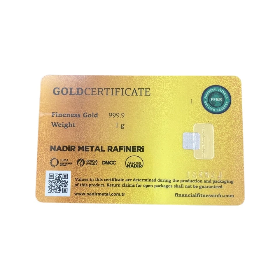 Certificado 1 gramo oro fino 999,9 FFBR NADir RAFiNERi Foto 2 de 3