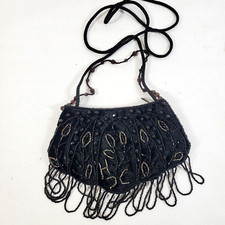 Vintage 1980s Black Velvet and Beaded Purse, beaded Fringe 8" x 4.5"