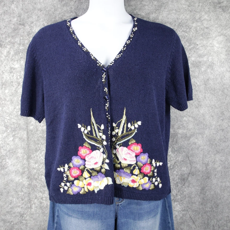 Vintage Susan Bristol Sweater Womens XL Blue Hand Embroidered Button Cardigan - Image 2 of 4